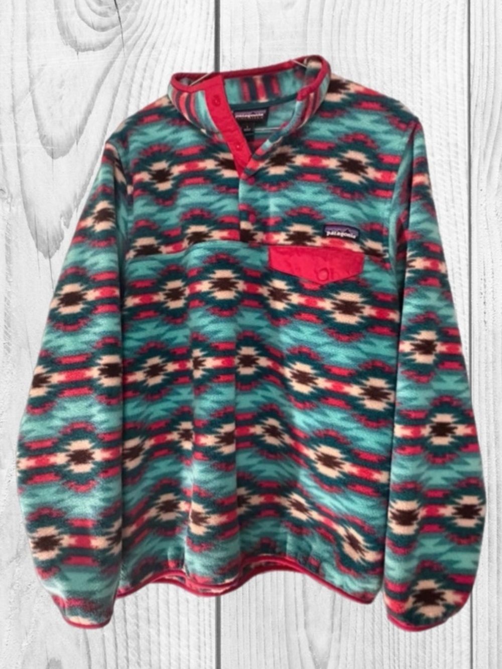 Womens Patagonia Synchilla Multi Color Aztec T Snap Pullover L granola outdoor